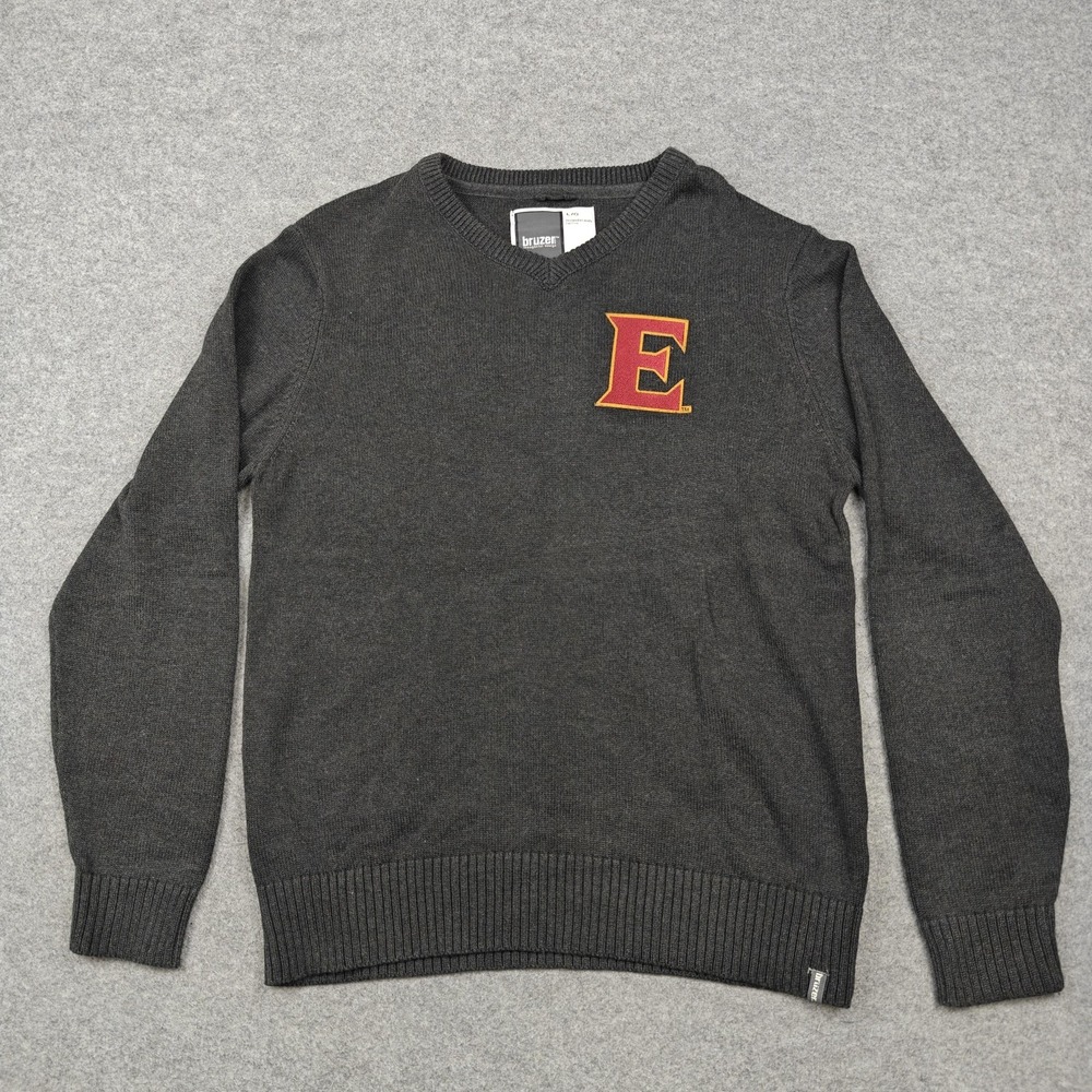 Bruzer Sweater Mens Large Gray Cotton V Neck Knit Pullover Letter E College